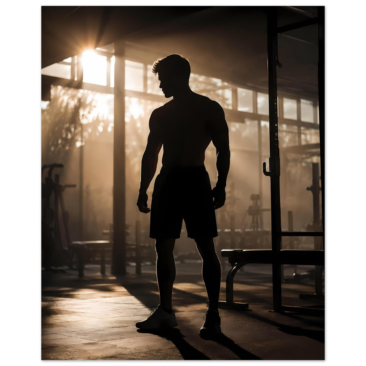 Fitness-Poster: schwarze Sportler-Silhouette, Ganzkörper in Trainingsshorts und Shirt