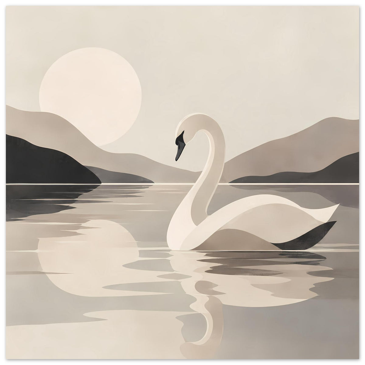 Kunstposter mit Schwan im See, klare Konturen und Spiegelbild, Beige- und Grauflächen
