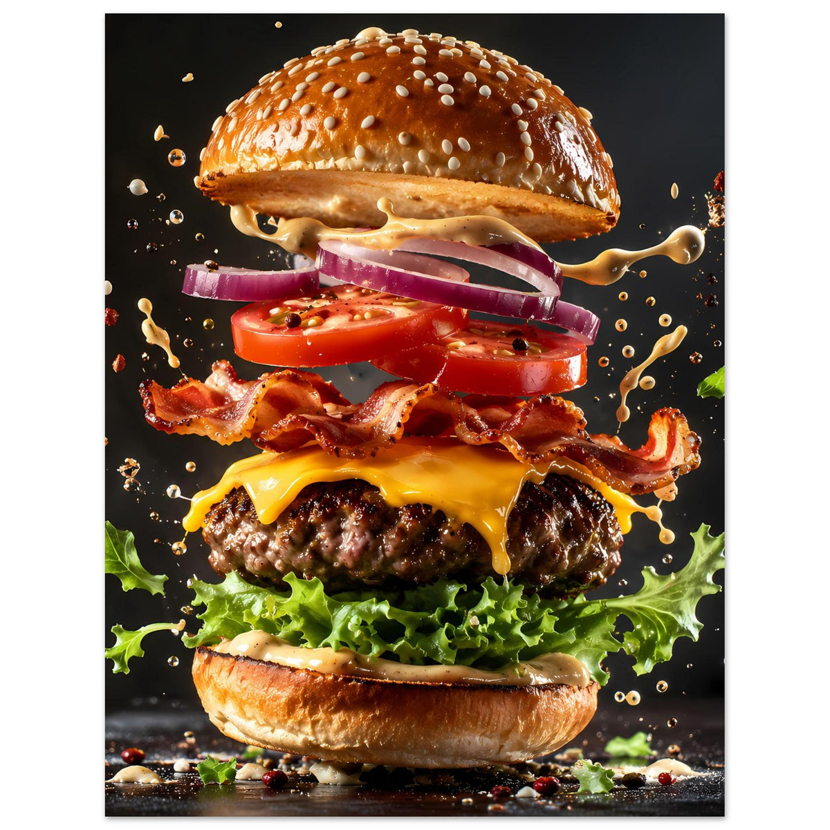 Burger-Poster im Hochformat: Burger mit roten Tomaten, Zwiebelringen und Käseverlauf