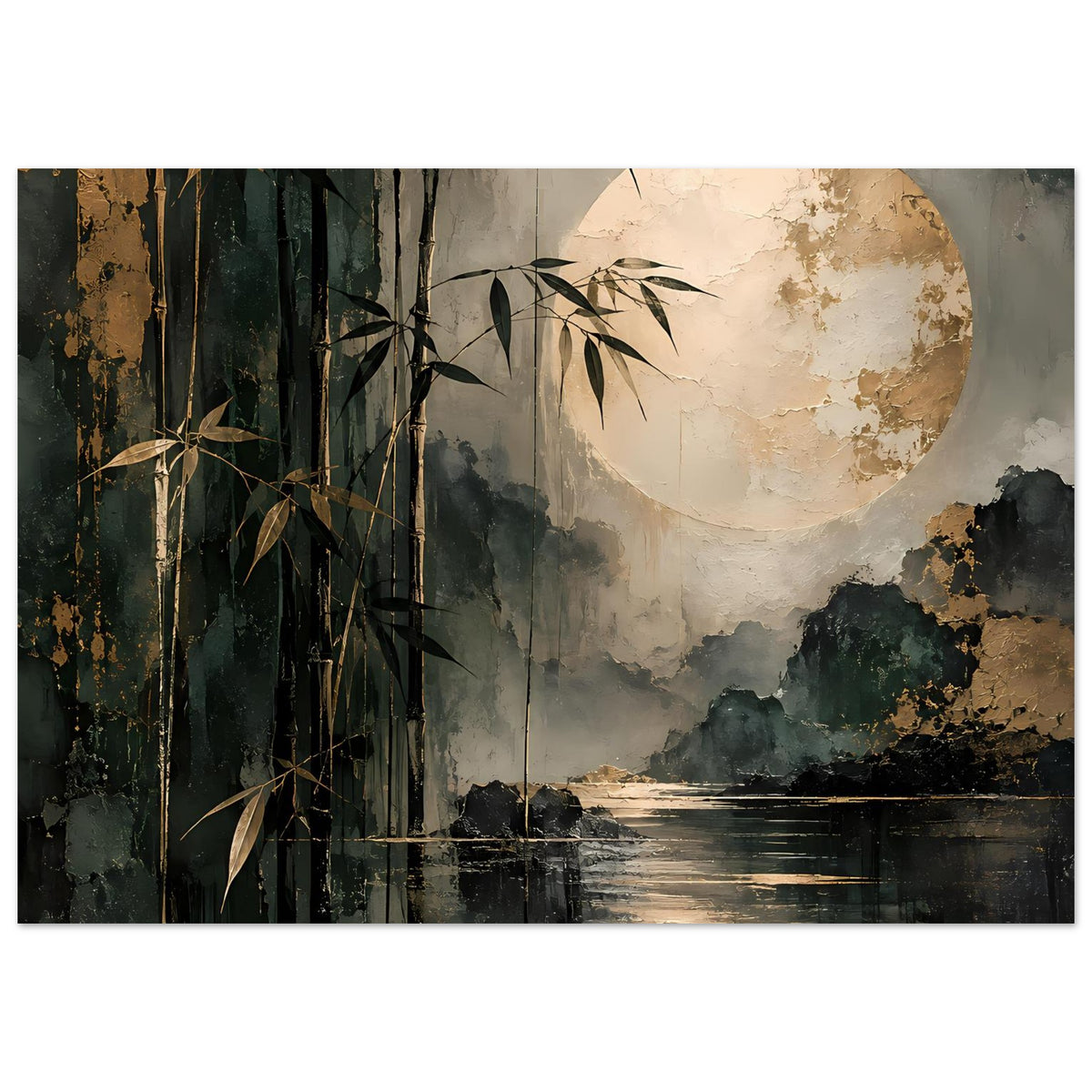 Naturposter mit Bambusstämmen, großer Mondsichel, Rauchnebel und spiegelndem Wasser