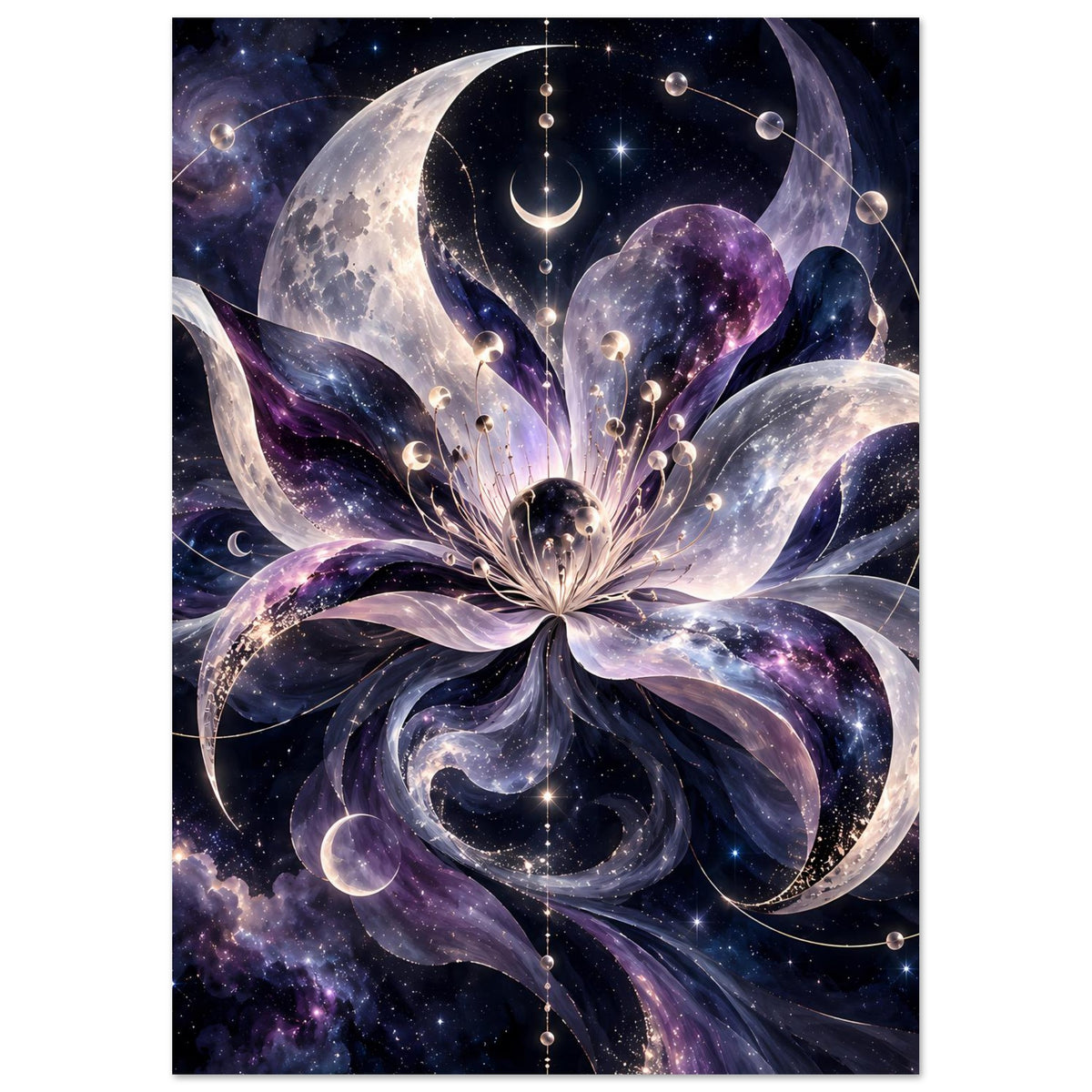 Kosmische Blüte mit Monden, Planeten und Sternen in violett-blauem Weltraum – Motivansicht 33