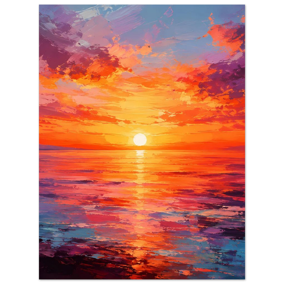 Sonnenuntergangs-Poster mit Meerblick, leuchtend orange Himmelstöne und violette Wolken, Sonne