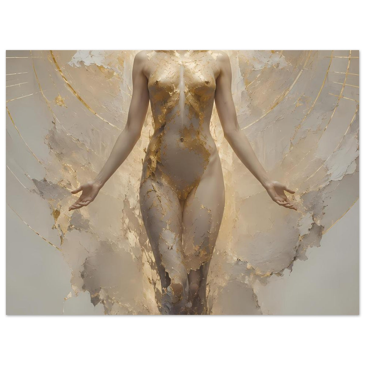 Poster-Ausschnitt mit schwebender Frauenfigur, creme und gold, Fokus auf Oberkörper