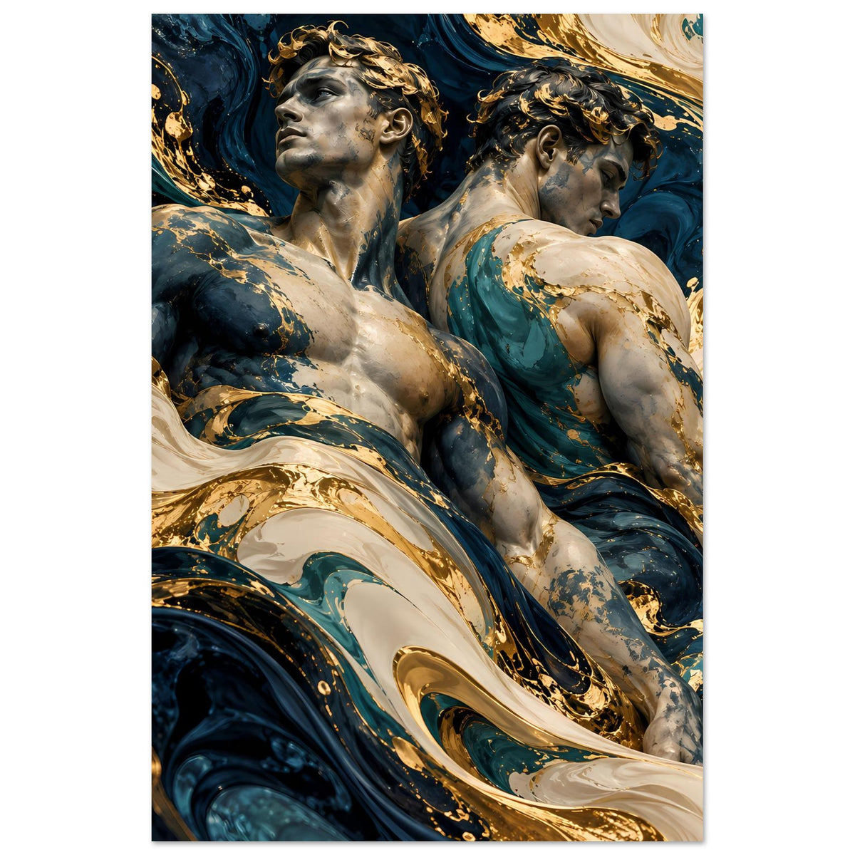 Kunstposter mit zwei Aktfiguren in Blau, Gold und Creme, abstrakte Marmorwirbel