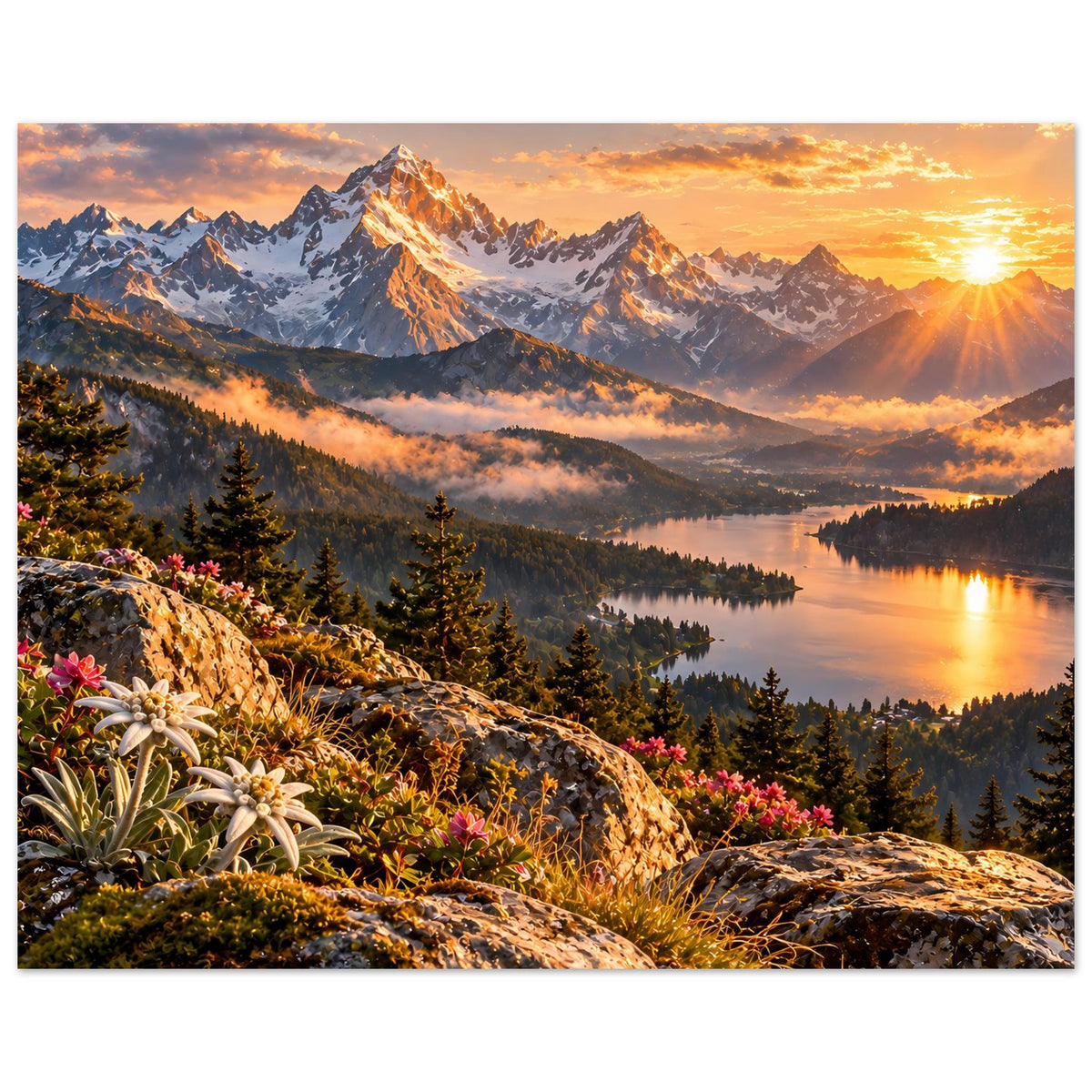 Poster mit Alpenblick: Felsiger Hang mit Blumen, dunkler Tannenwald und See im Sonnenlicht