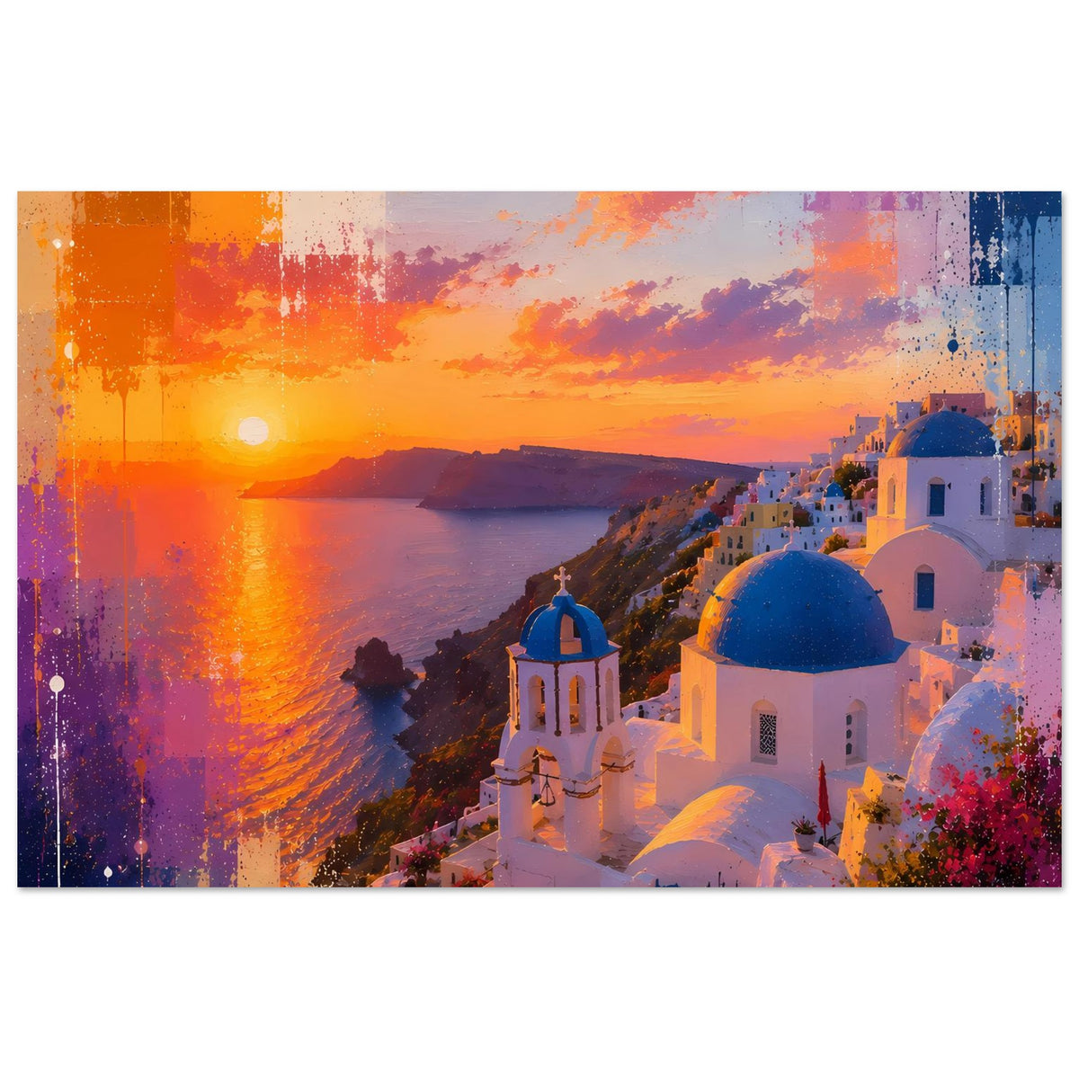 Kunstposter im Querformat mit Sonnenuntergang über Meer und weißen Gebäuden.