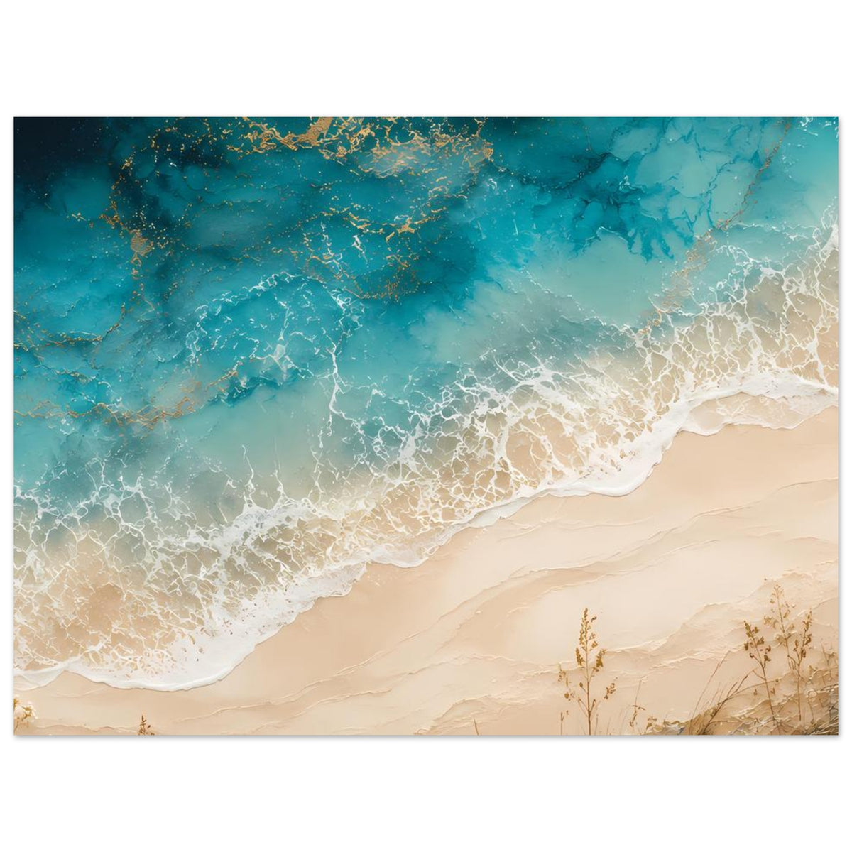 Küstenposter horizontal: türkisblaues Wasser, goldfarbene Akzente und Strand