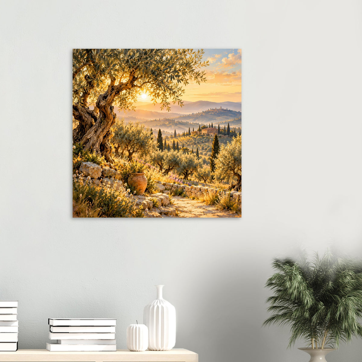 Posterdruck an heller Wand: quadratisches Motiv mit goldener Landschaft, Sonne, Olivenbaum und Steinterrasse