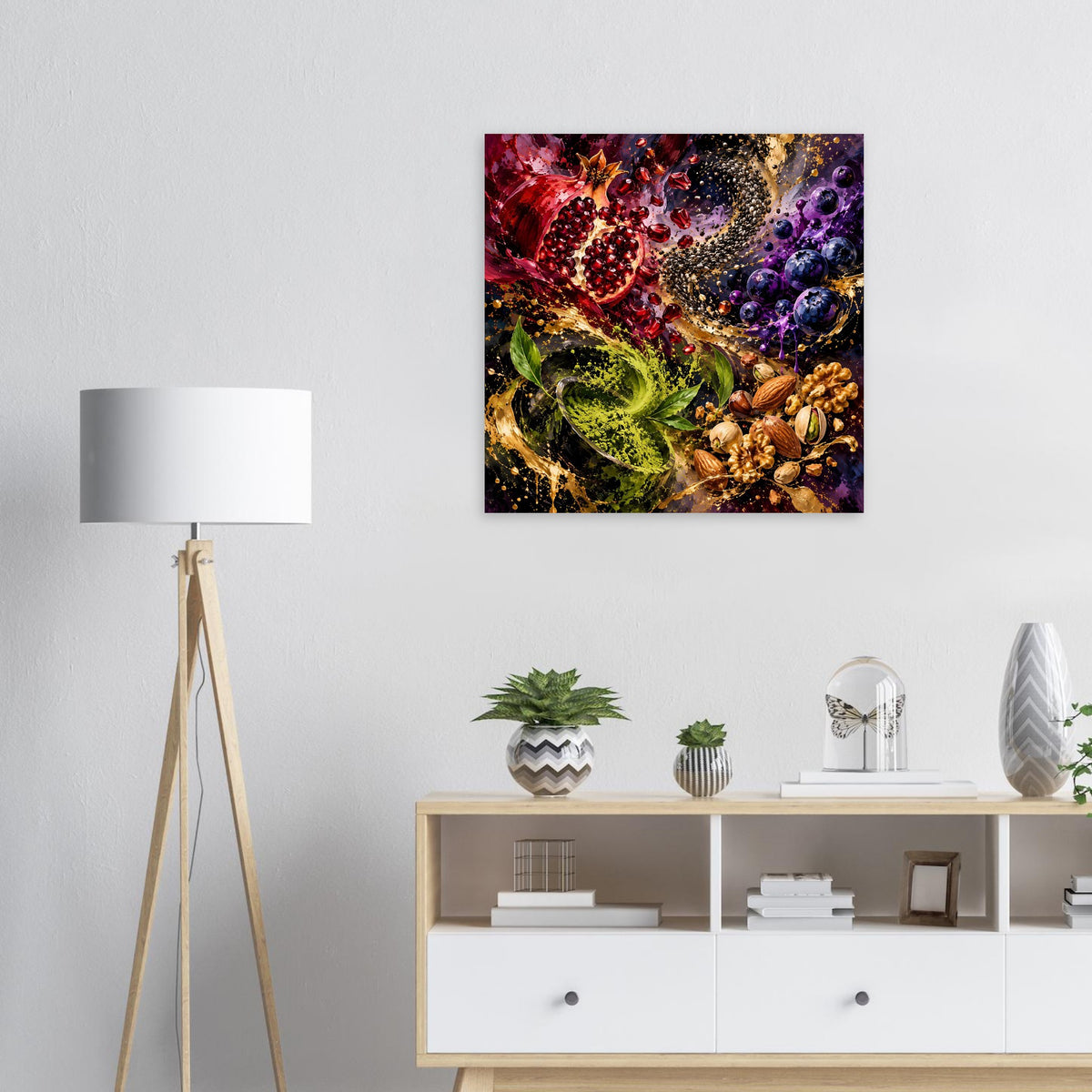 Poster mit abstraktem Superfood-Motiv in Rot, Violett, Grün und Gold