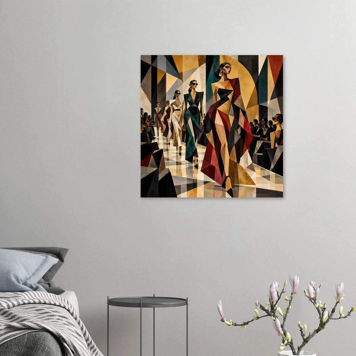 Kleines Fashion-Poster: geometrischer Laufsteg mit Models in Juwelenfarben