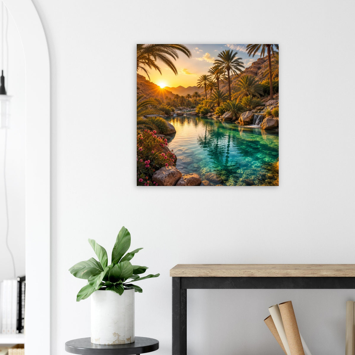 Wandposter im Quadratformat mit Sonnenuntergang über tropischem Fluss und Palmen