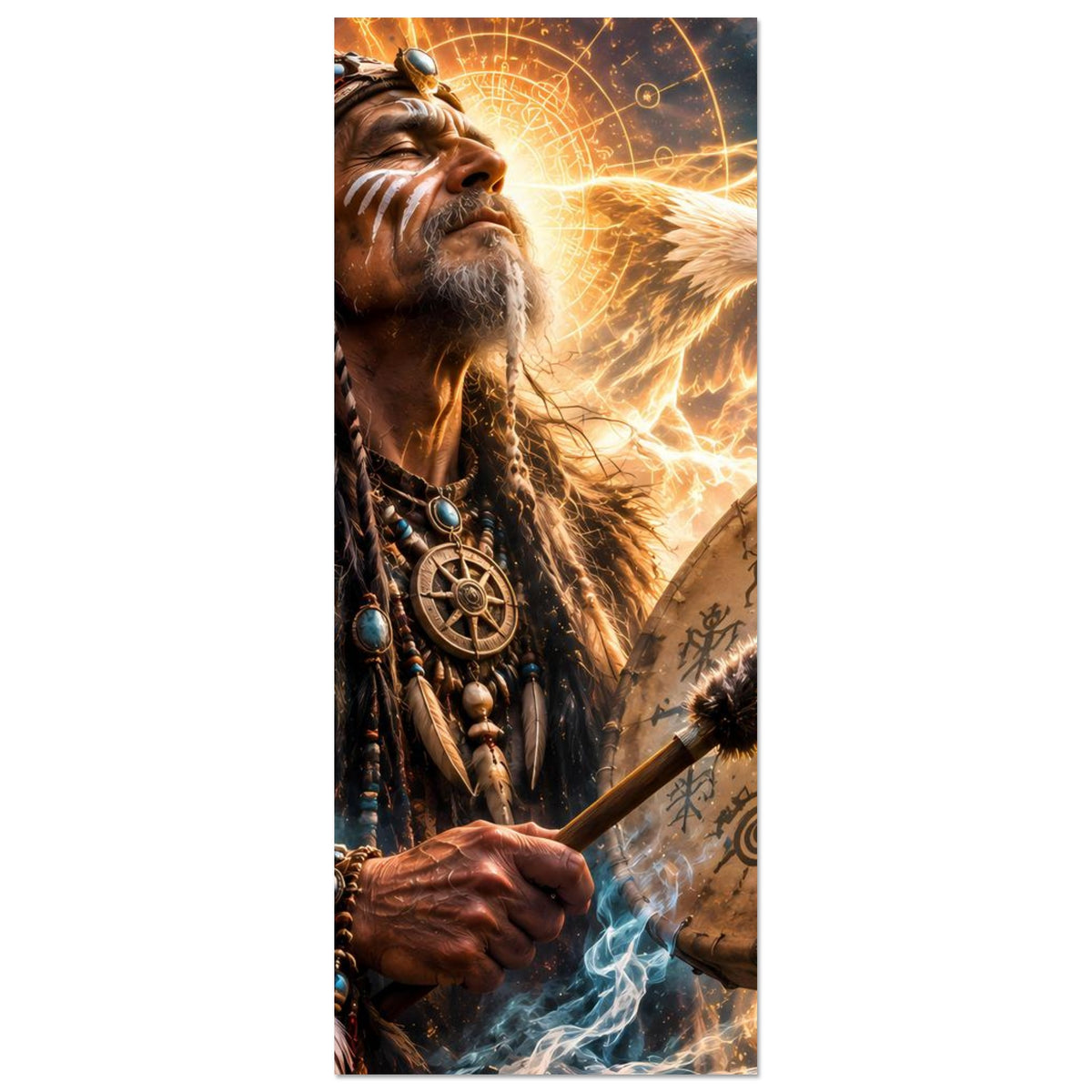 Fantasyposter, hochkant: Schamane mit Trommel, goldener Adler und mystische Linien