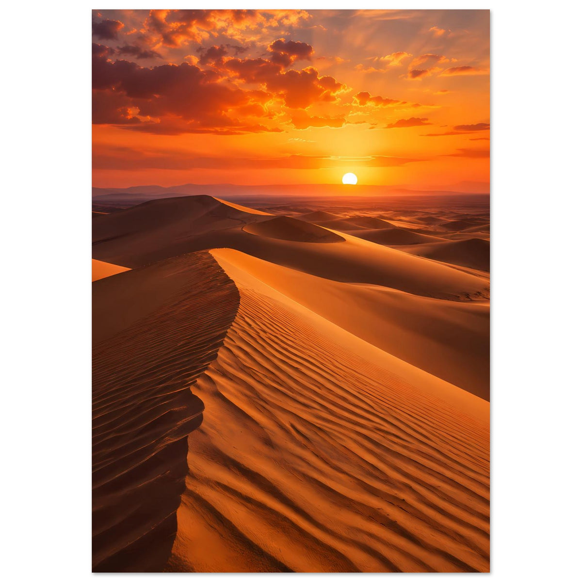 Poster mit Sonnenuntergang über Wüsten-Dünen, Sonne über dem Horizont, vertikal