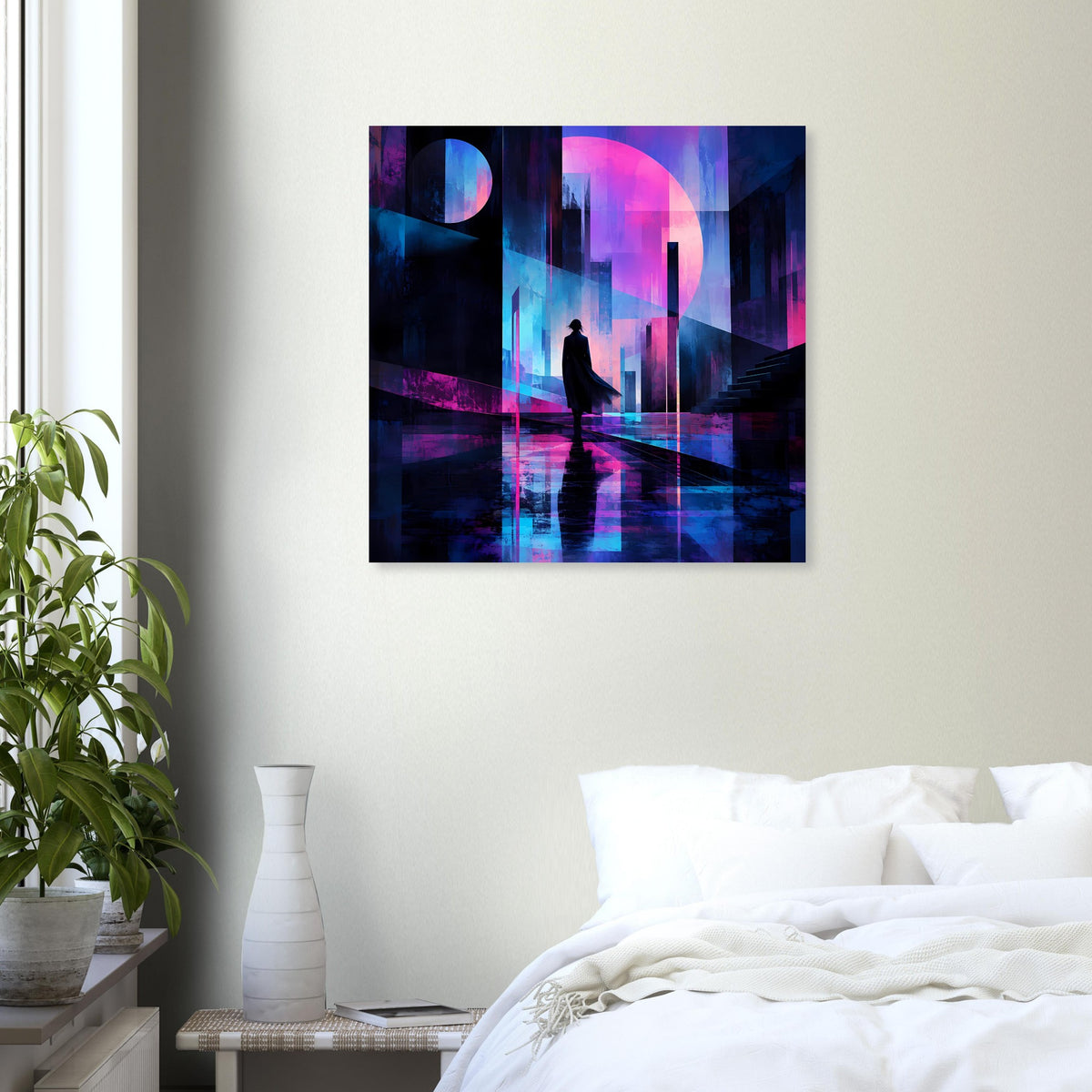 Quadratisches Poster: futuristische Neonarchitektur mit stehender Silhouette im Licht