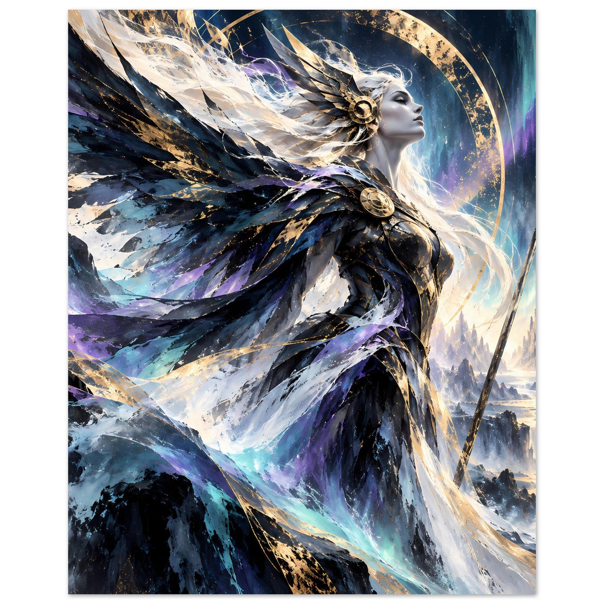 Fantasy-Göttinnenposter im Hochformat mit goldener Krone, Federgewand und nebelfarbenem Blau.