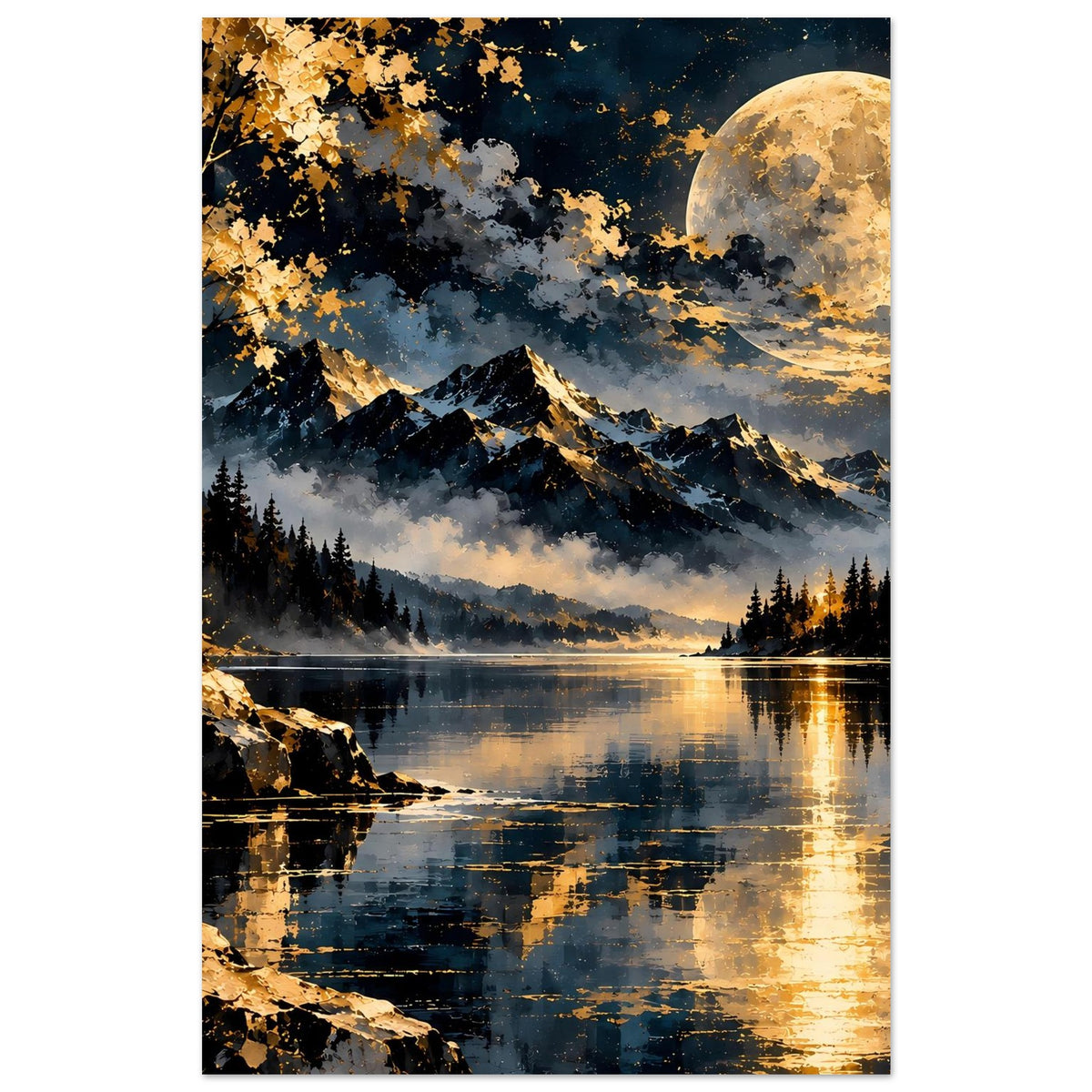 Landschaftsposter im Hochformat mit Vollmond über Bergsee, teilweise angeschnittene Baum- und Wasserfläche.