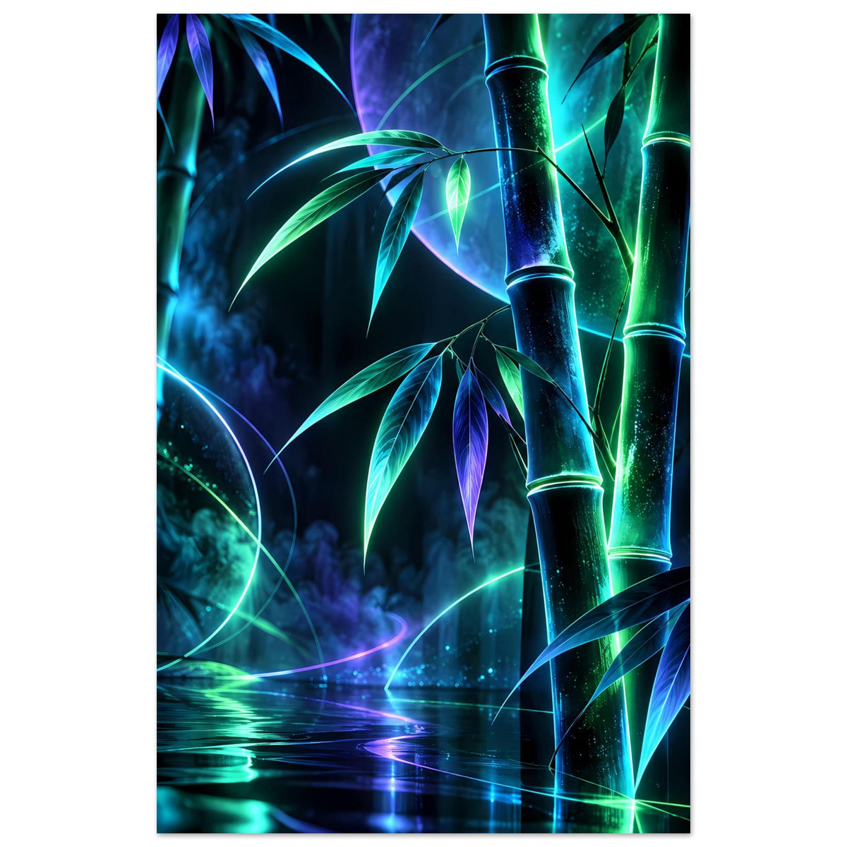 Leuchtendes Neon-Bambusposter, hochformatig: leuchtende Bambusstämme in Grün und Blau.