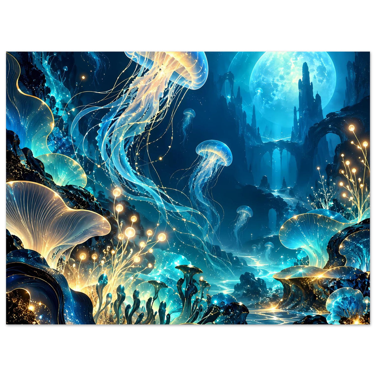 Unterwasserwelt-Poster mit leuchtenden Quallen, Goldlichtern, Korallenriff und dunklen Wasserkuppeln