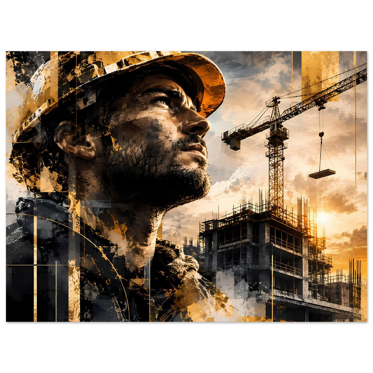 Bauarbeiter-Porträt-Poster mit Helmprofil, Baustellengerüst und Kranen in Gold-Grau