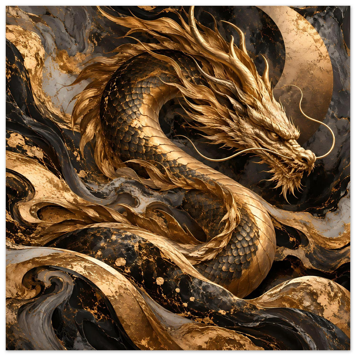 Fantasy-Poster: goldener Drache mit ausgeprägtem Auge, Schuppen und gewundener Bahn