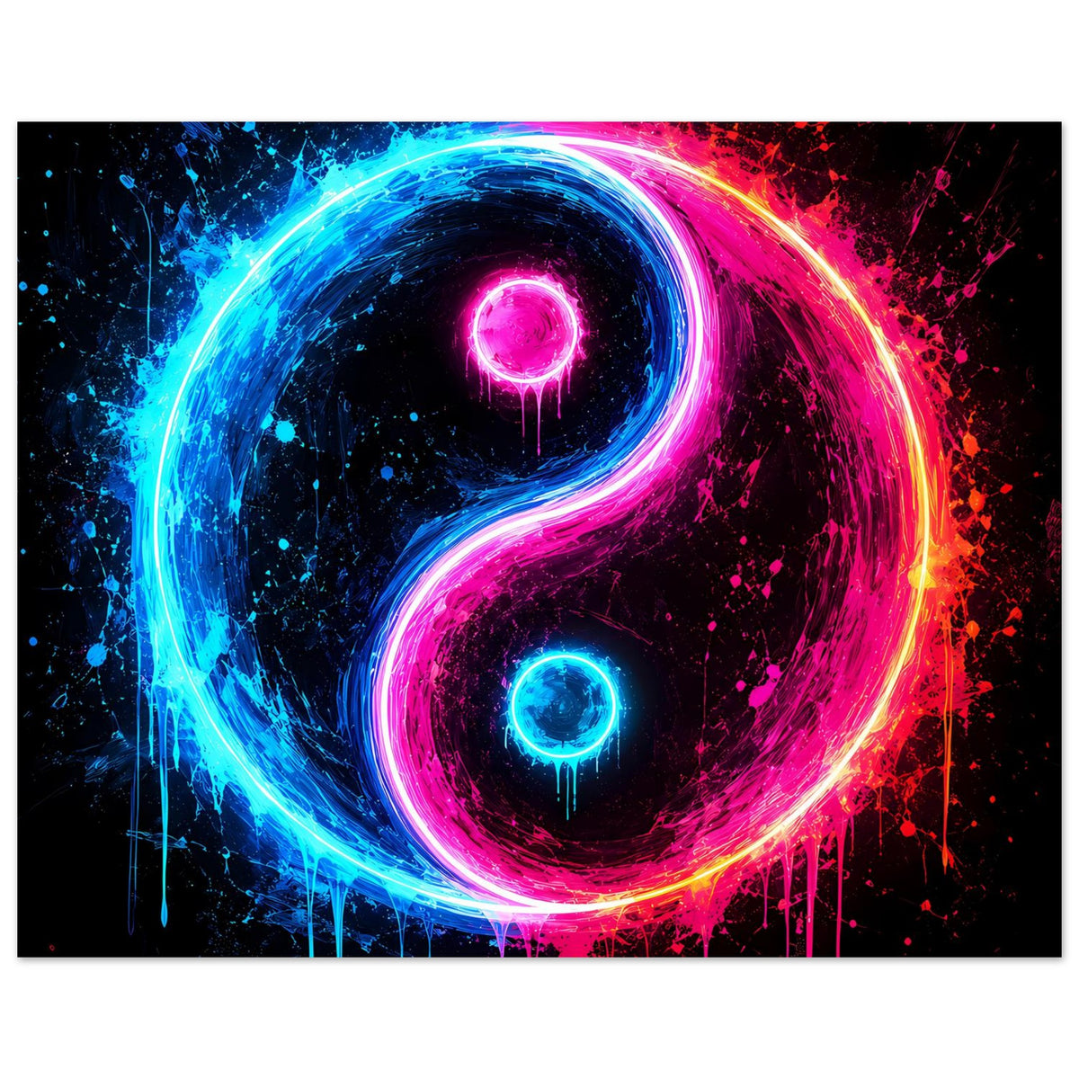 Neon-Yin-Yang-Poster, leuchtende Blau-Pink-Kurve mit glühendem Yin- und Yang-Kreis.