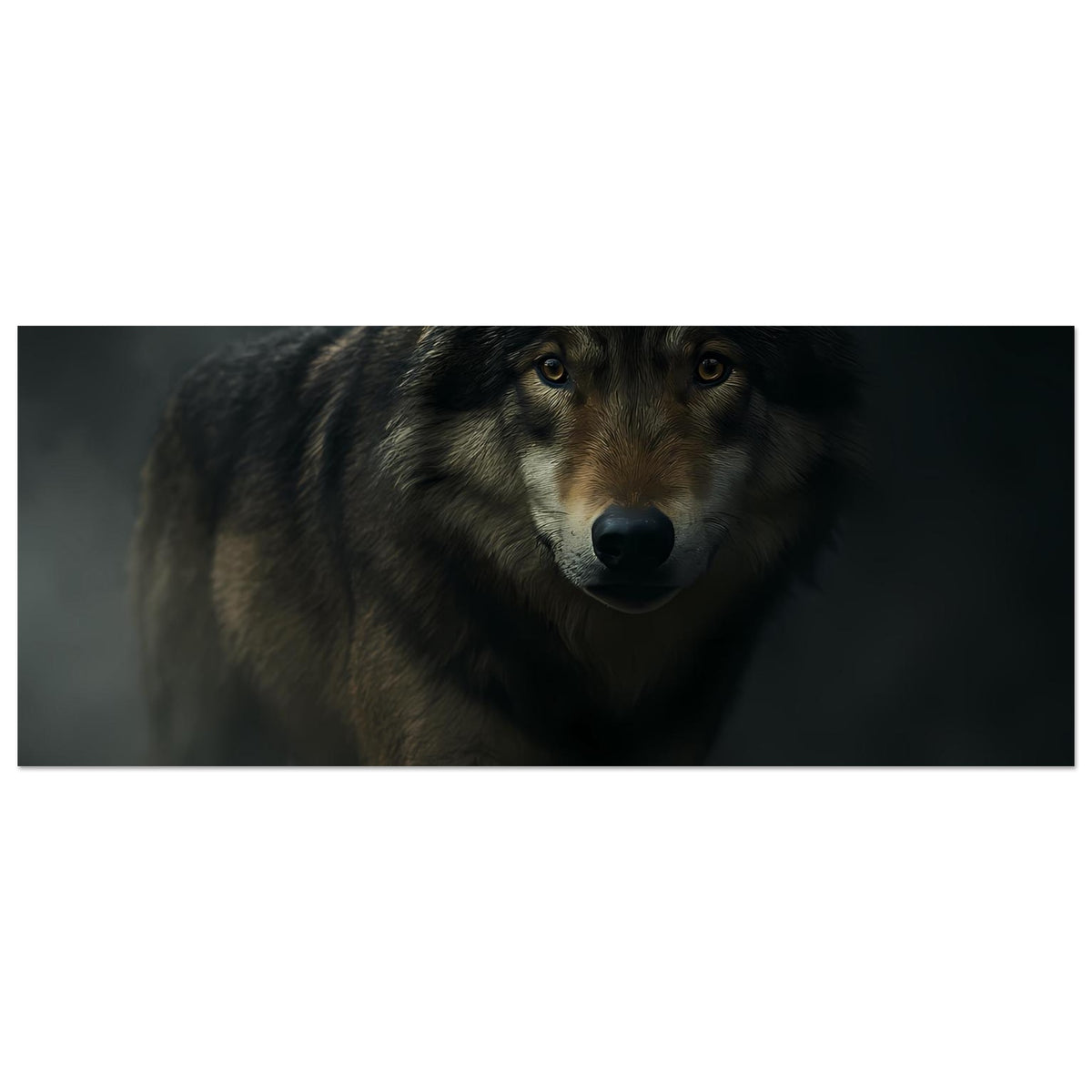 Panorama-Poster mit Wolfsportrait: grauer Wolf, Kopf und Schulter im Ausschnitt