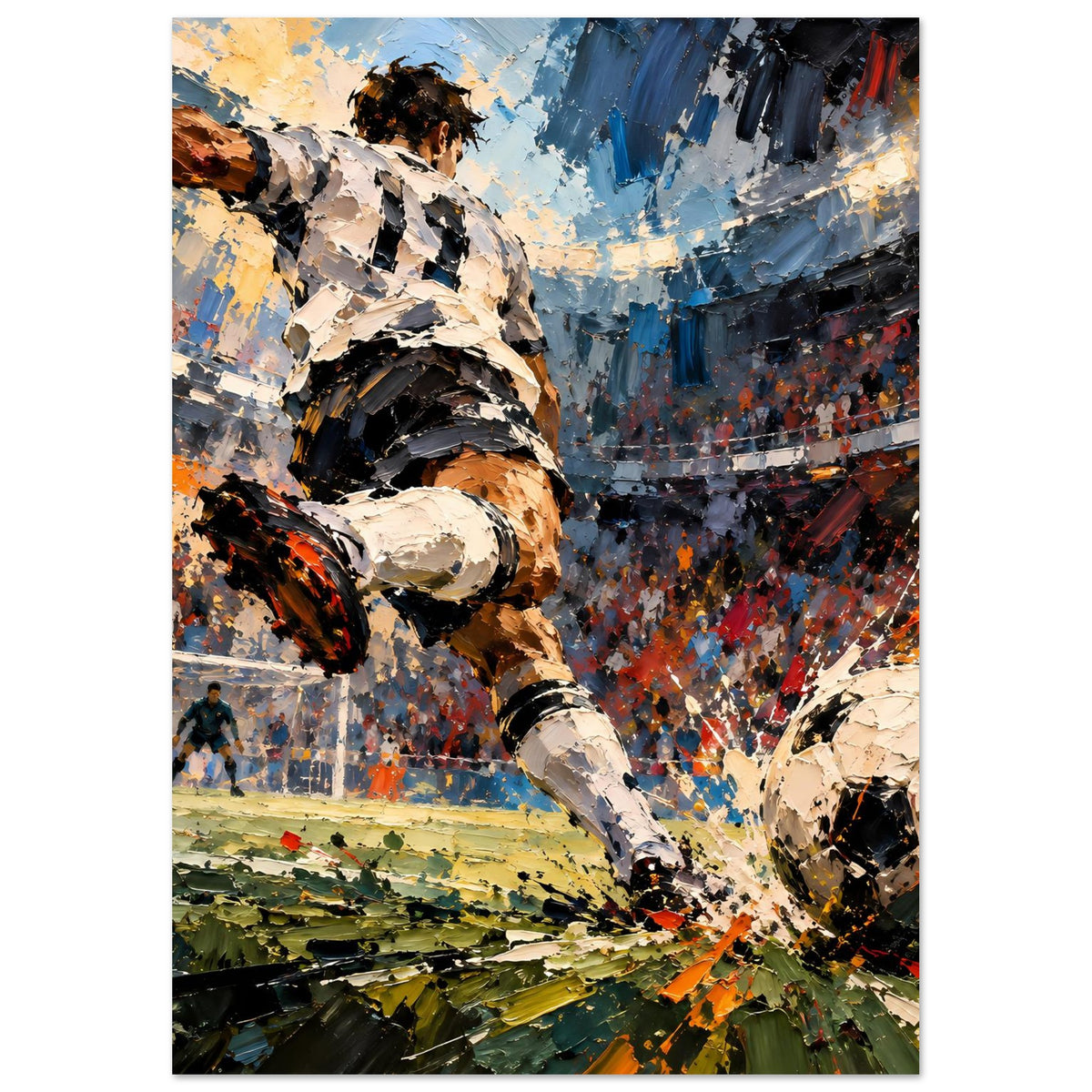 Fußball-Actionposter (Hochformat): Torwart und Ball, dramatischer Pinselstrich, stadionnah