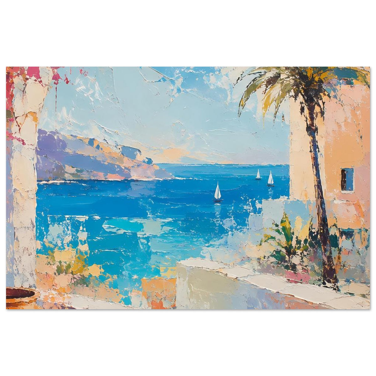 Sommerposter mit Meerblick, Palme rechts und Segelbooten in der Ferne