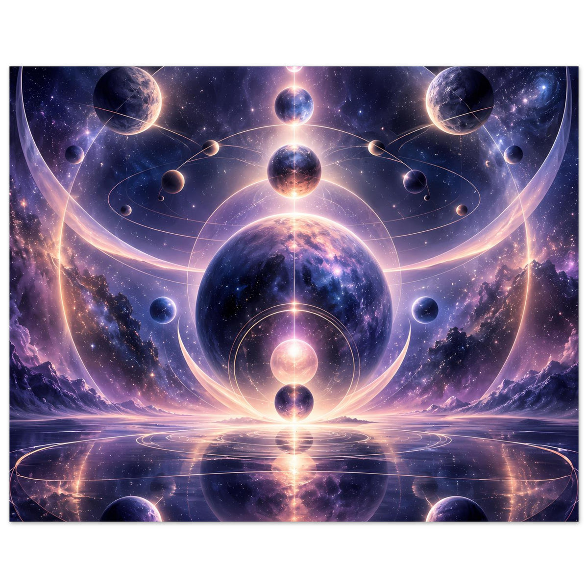 Poster mit kosmischem Motiv im Querformat: zentrale Kugel, leuchtende Kreise und Sterne