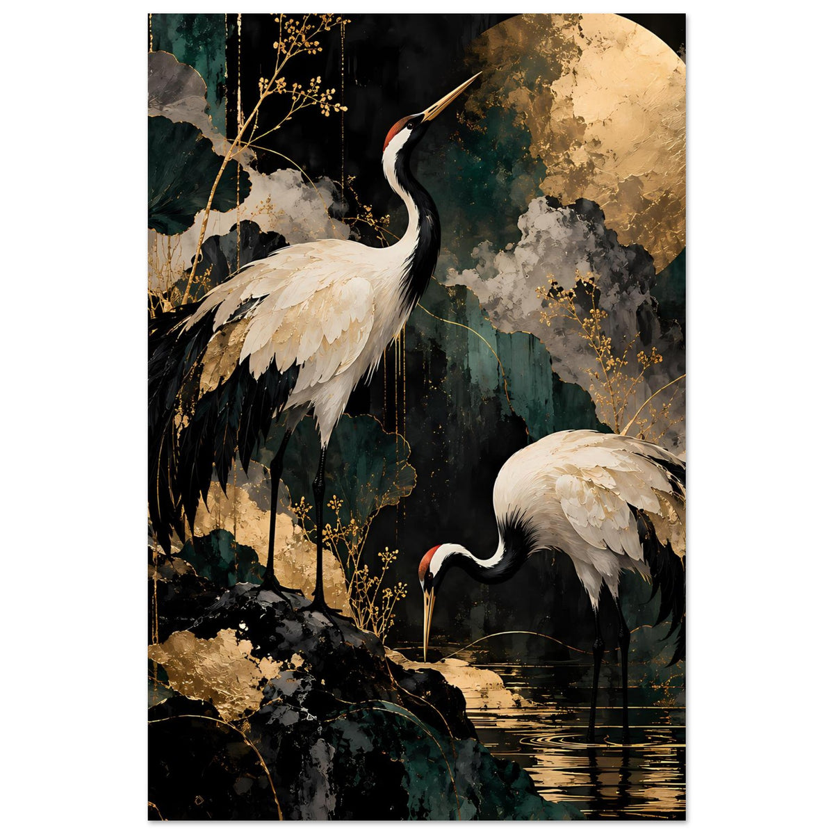 Kunstposter Hochformat: Kranichpaar, goldener Mond, schwarze und weiße Federn