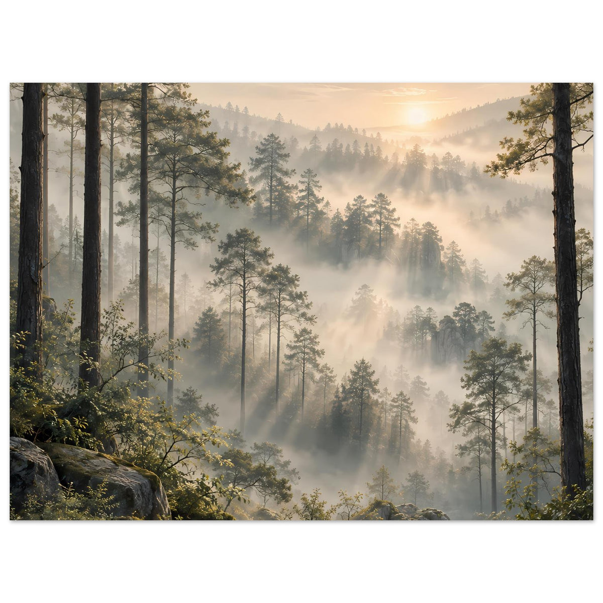 Horizontales Waldlandschafts-Poster mit Nebelschichten, hohen Bäumen und Sonnenhimmel