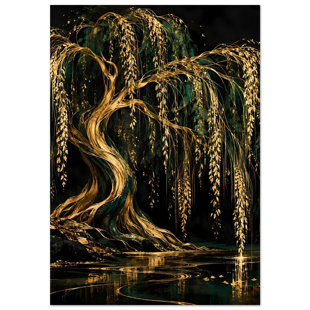 Poster Weidenbaum in Gold und Grün, Blick auf herabfallende Zweige und Lichtreflexe