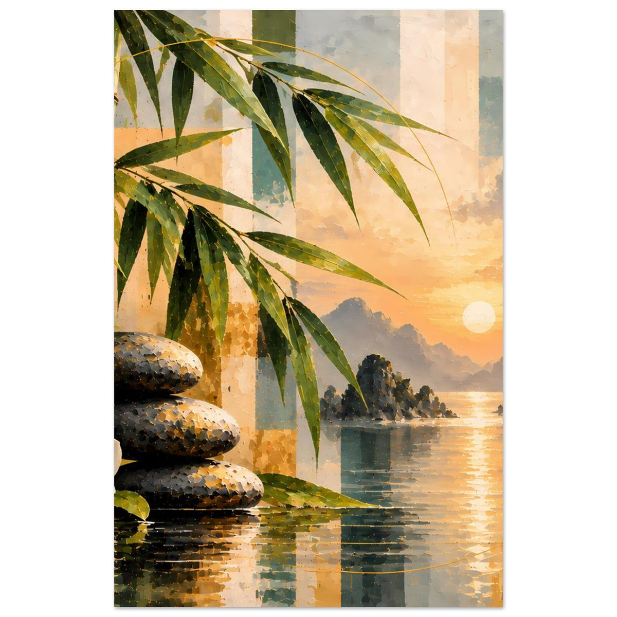 Poster mit Bambusblättern und Zen-Steinen am Wasser, Sonnenuntergang mit Spiegelung