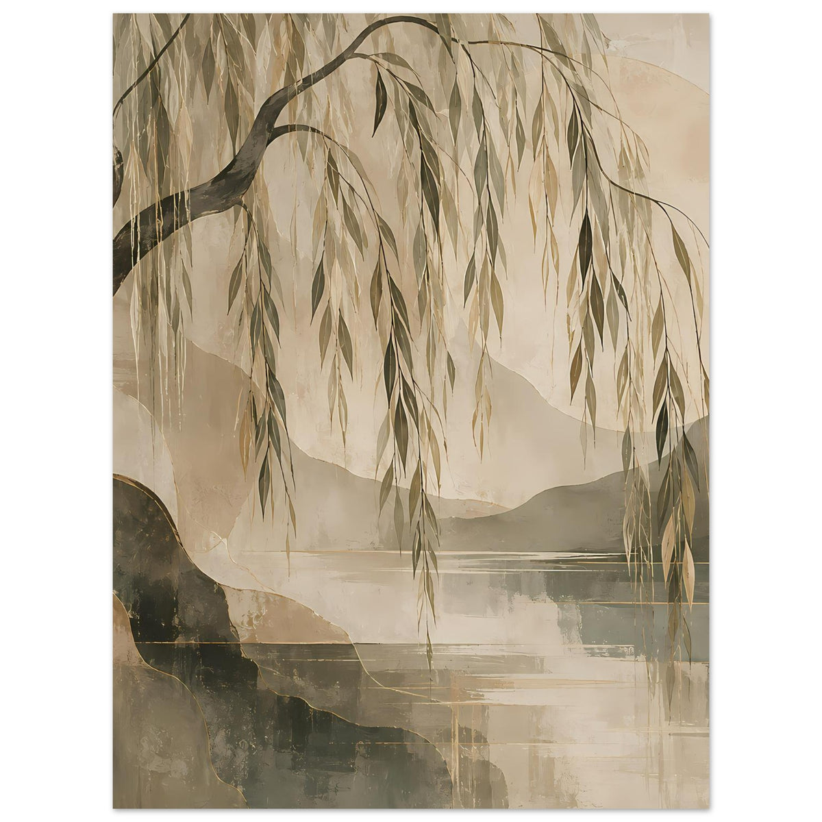 Vertikales Willowbaum-Kunstposter mit langen hängenden Blättern in Beige-, Grün- und Graubraun