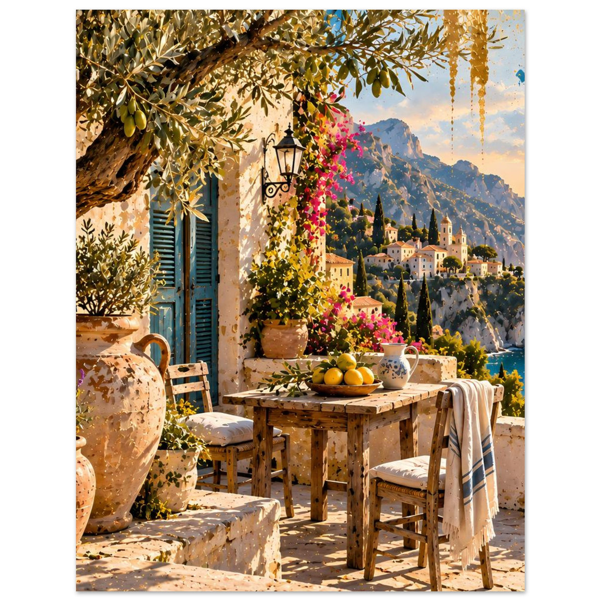 Kunstdruck: mediterranes Szene mit Esstisch, Blumen im Topf und Sonnenuntergang am Meer