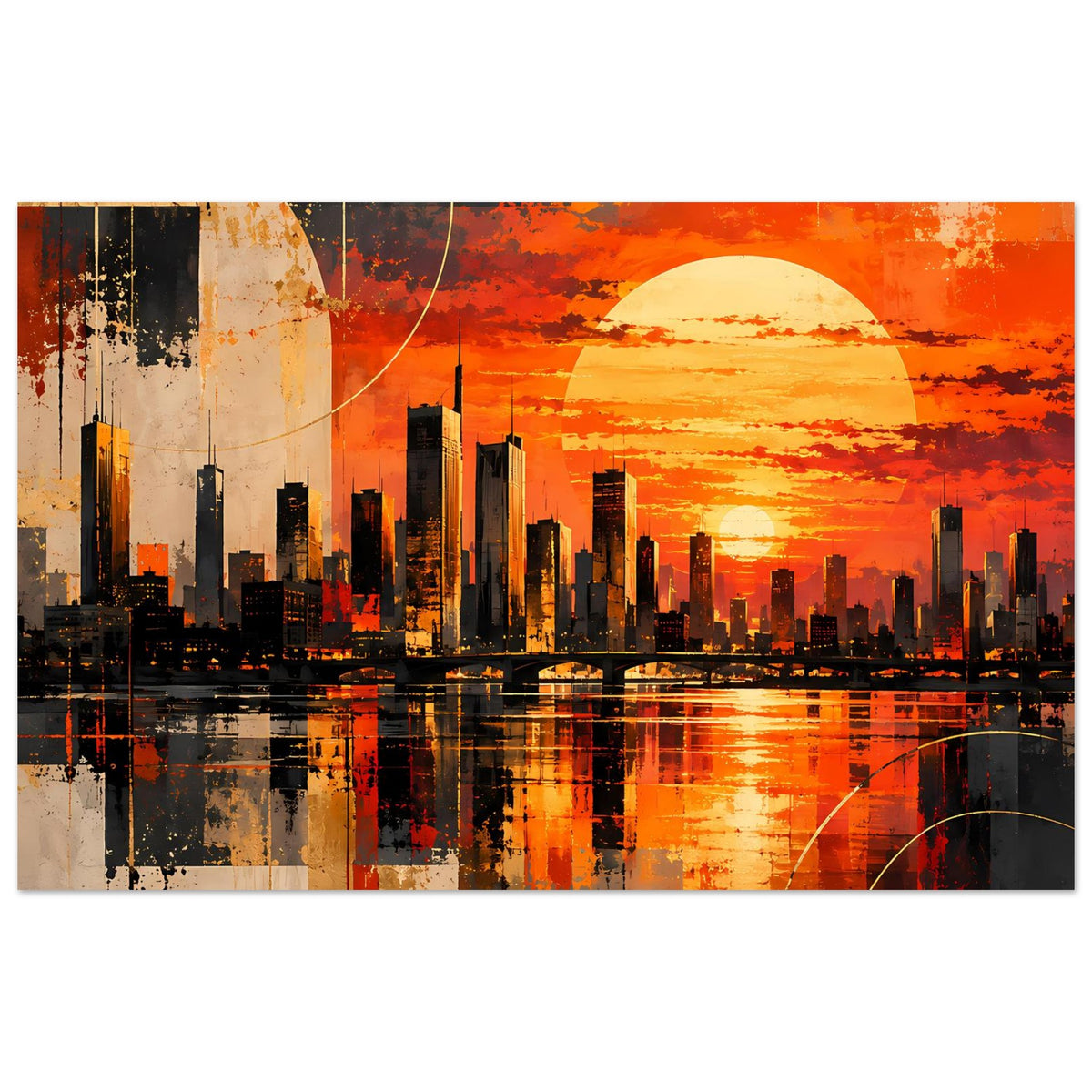 Poster mit abstrakter Stadtsilhouette, großer Sonne und Spiegelung in orangefarbenem Sonnenuntergang