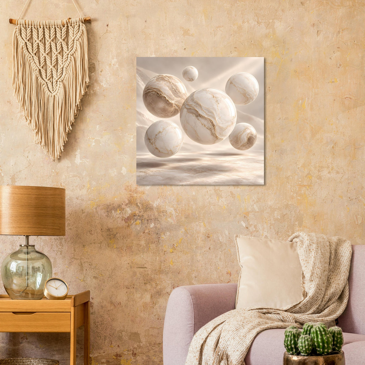 Quadratisches Poster mit abstrakten Marmor-Kugeln in Creme und Beige