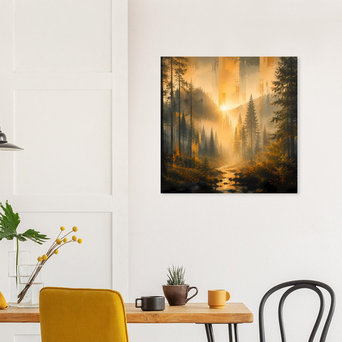 Wandposter mit Waldlandschaft und Bach, goldenes Licht strahlt durch Baumreihen