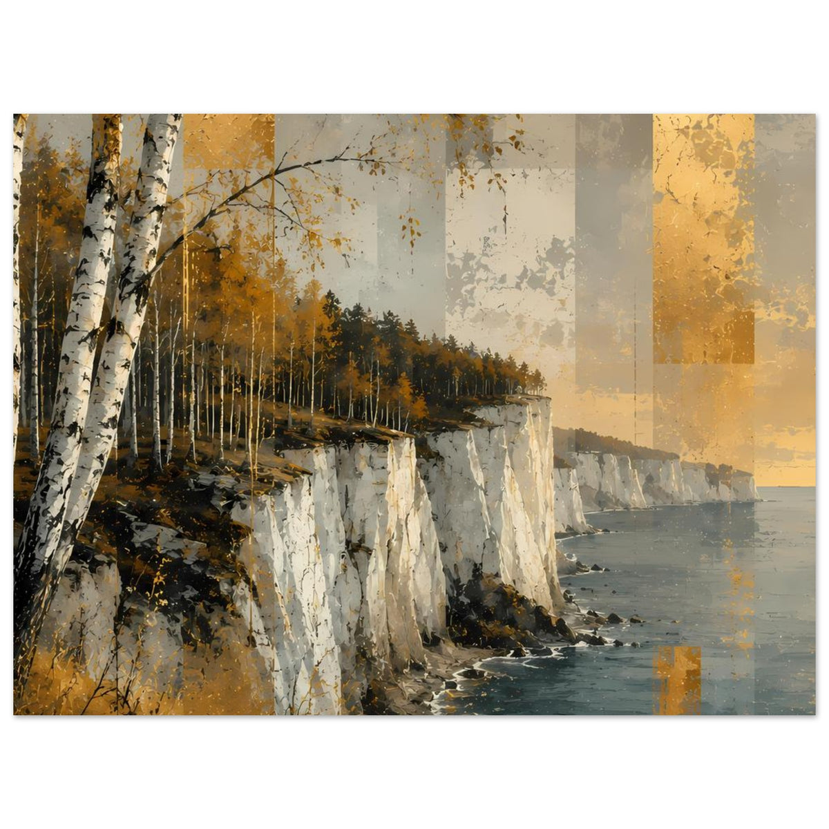 Poster, horizontales Bild: goldene Farbflächen über Küstenklippen, Birken am Ufer