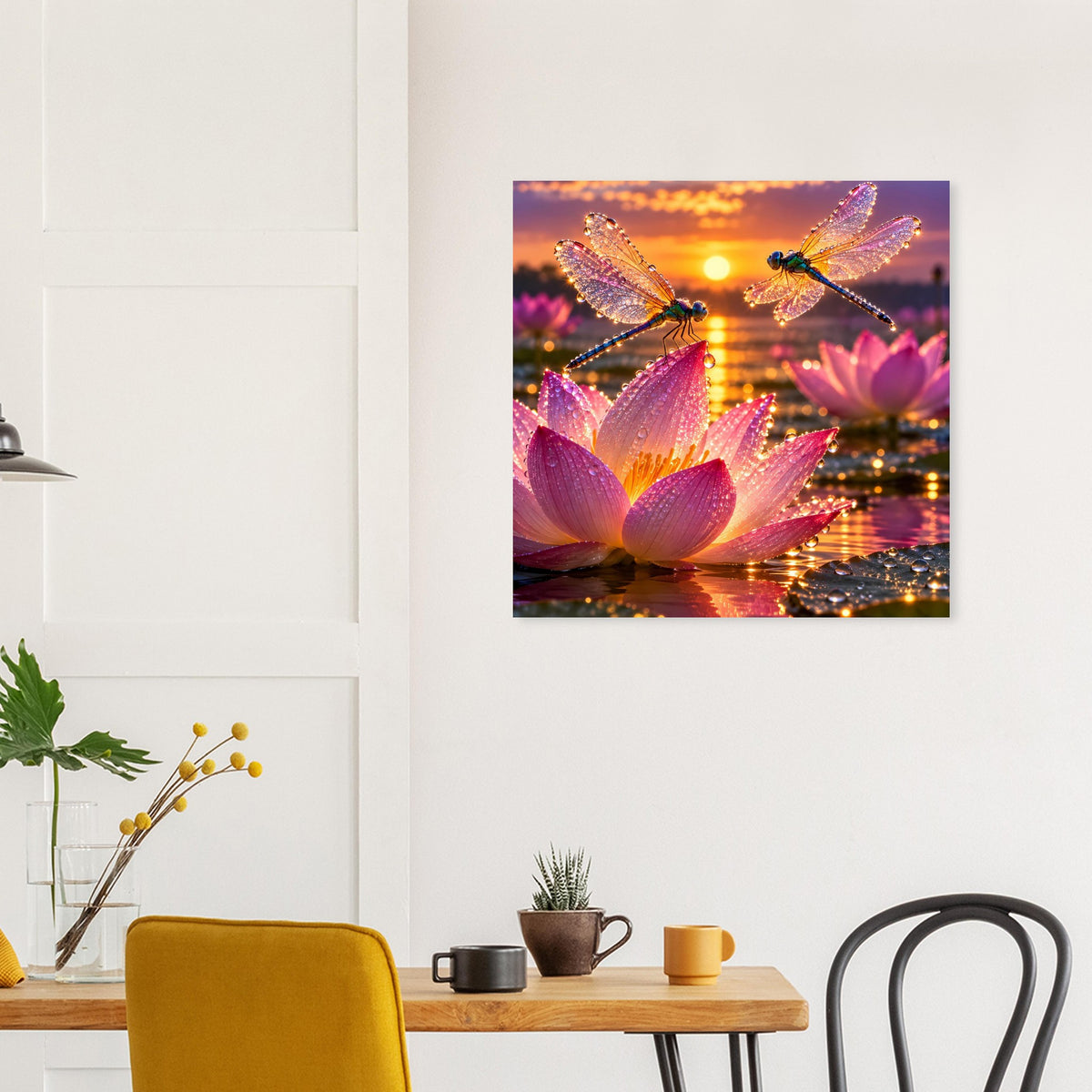 Quadratisches Poster mit schimmernden Libellen über Lotusblüten im Sonnenuntergang