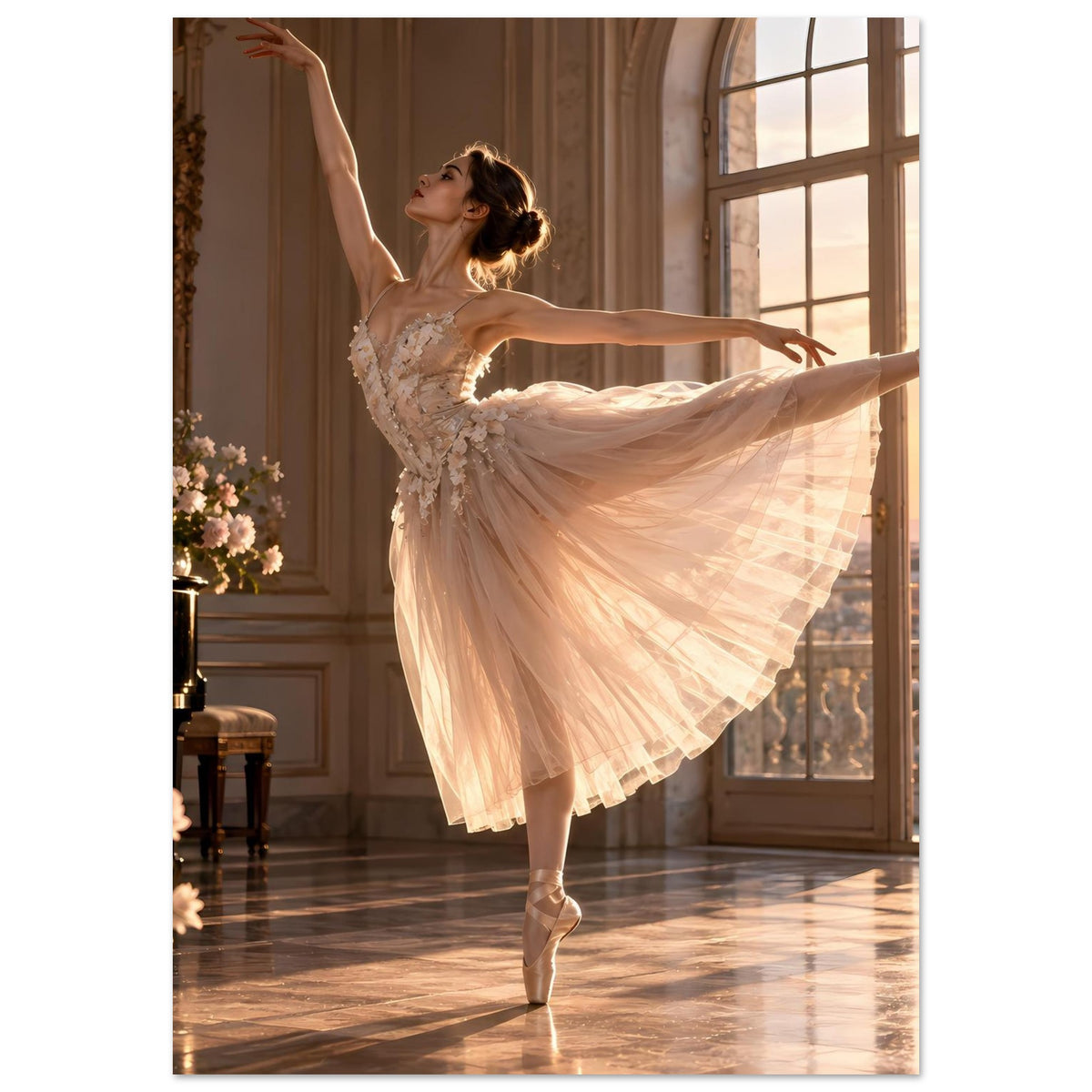 Ballett-Poster mit Ballerina im Spitzen- und Tüllkleid, erhobene Arme, Rock fällt in Falten