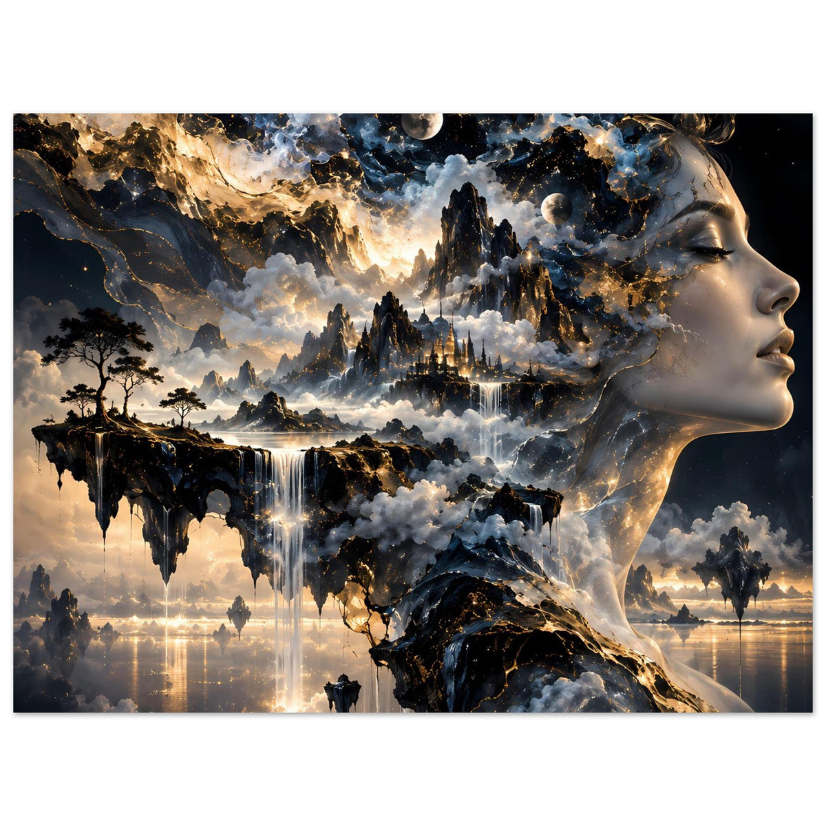 Kosmos-Poster im Querformat mit Profilgesicht, Wasserfällen aus Licht und Sternen