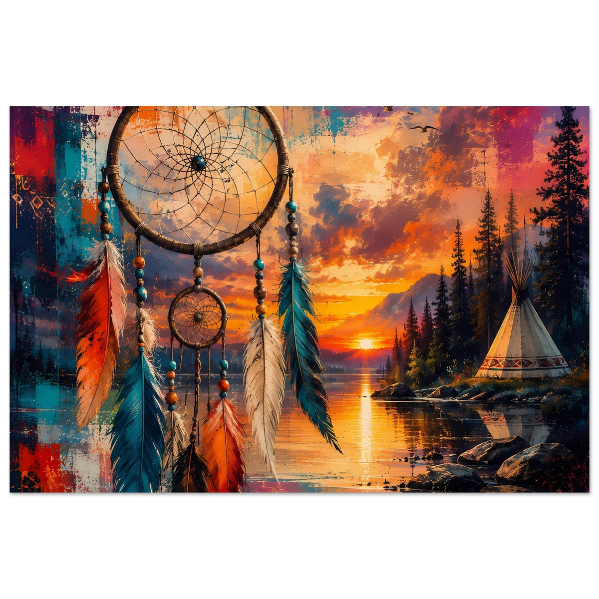 Buntes Traumfänger-Poster mit großen Federn, rundem Reifen und See bei Sonnenuntergang