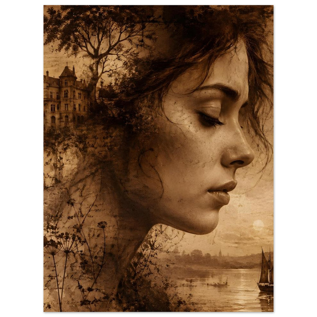 Sepia-Poster mit Frauenprofil, geschlossenen Augen, Pusteblumen, Stadt und Fluss