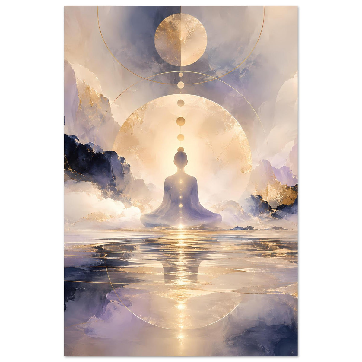 Poster im Hochformat mit Meditationsfigur vor goldener Lichtscheibe, Wasser und Wolken