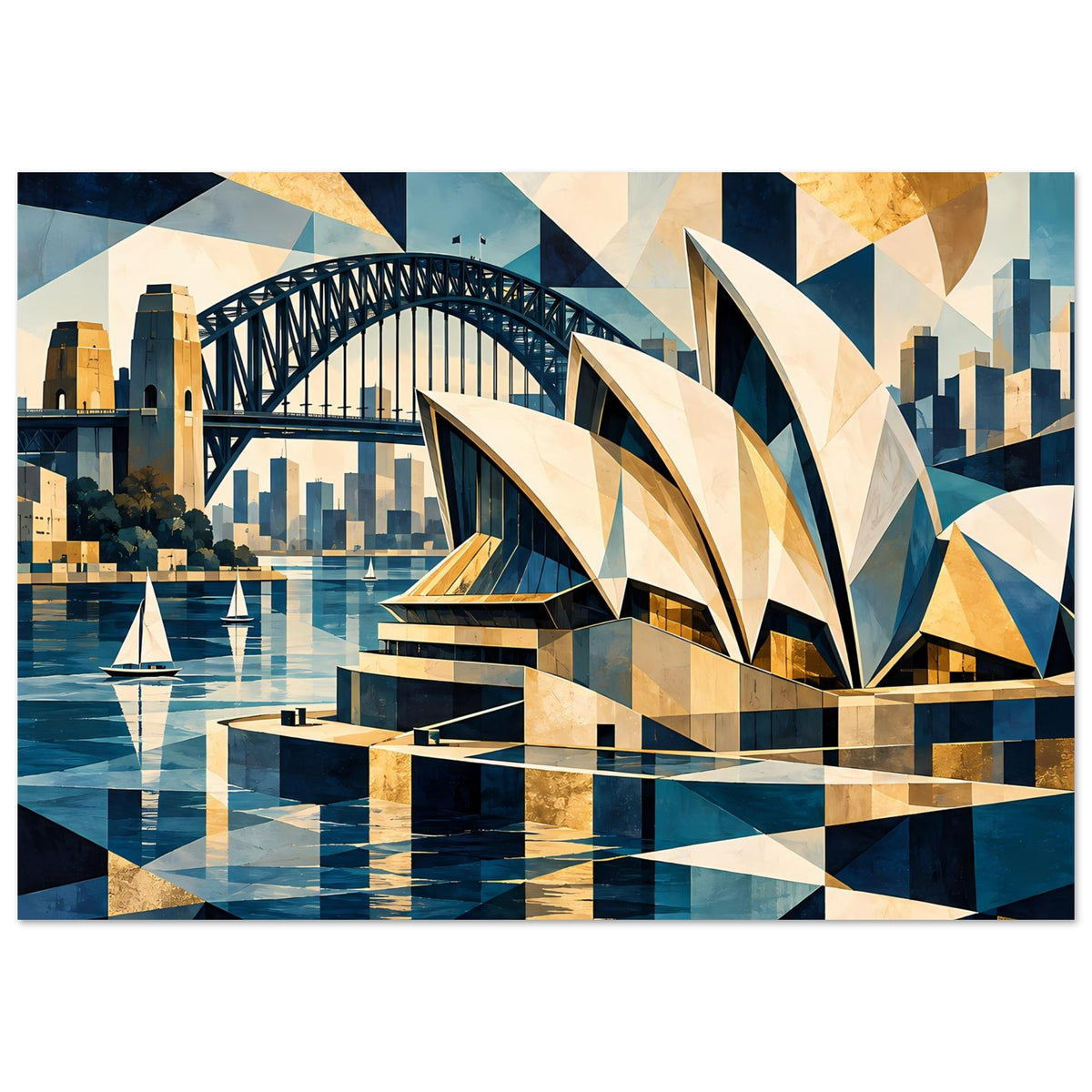 Kunstdruck mit geometrischem Sydney-Motiv: Harbour Bridge, Opernhaus und Wasserflächen in Blau