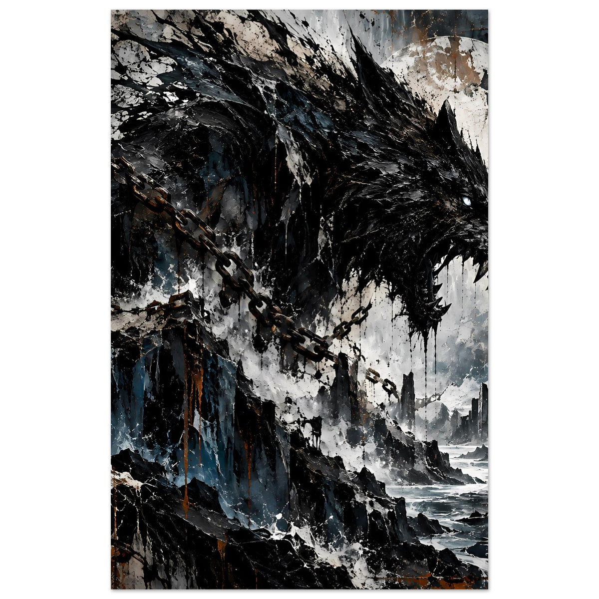 Poster im Hochformat: Wolf in Nahansicht, Kettenmotiv und Mond im Hintergrund