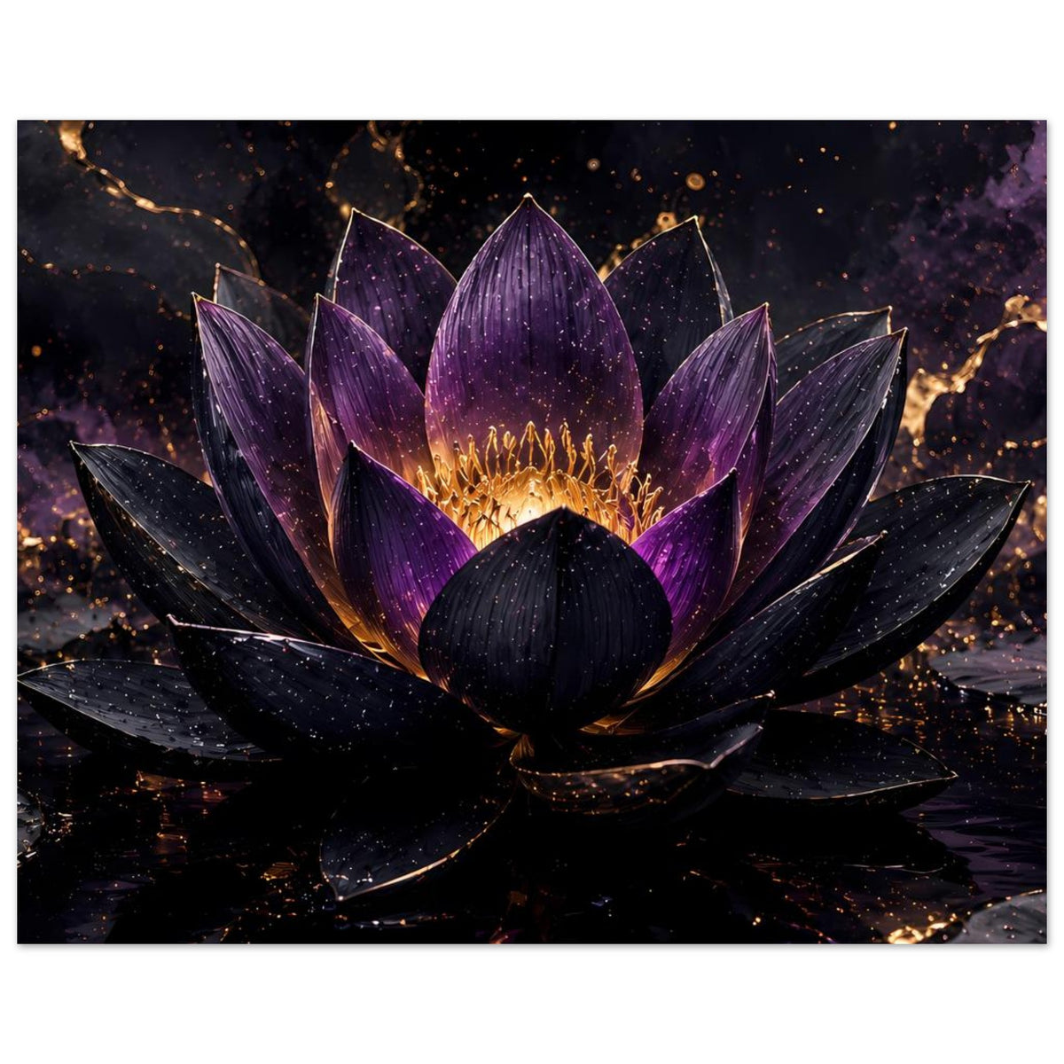 Breites Poster: violette Lotusblüte mit goldener Mitte, dunkle Lichtlinien im Motiv.