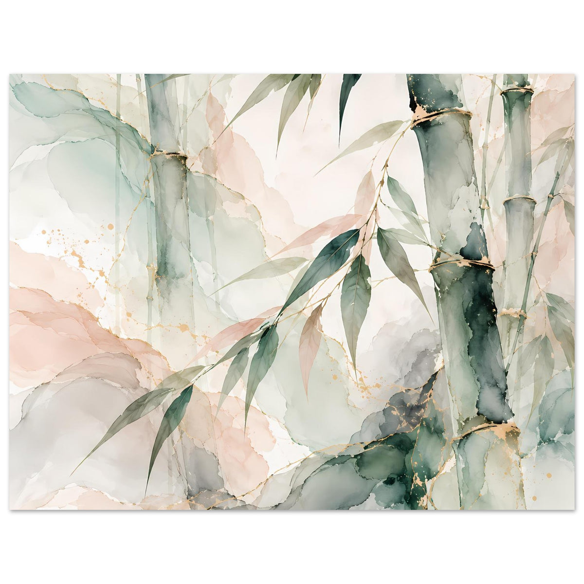 Naturposter mit Bambusstämmen und -blättern im Aquarellstil, sanftes Grün, querformatig