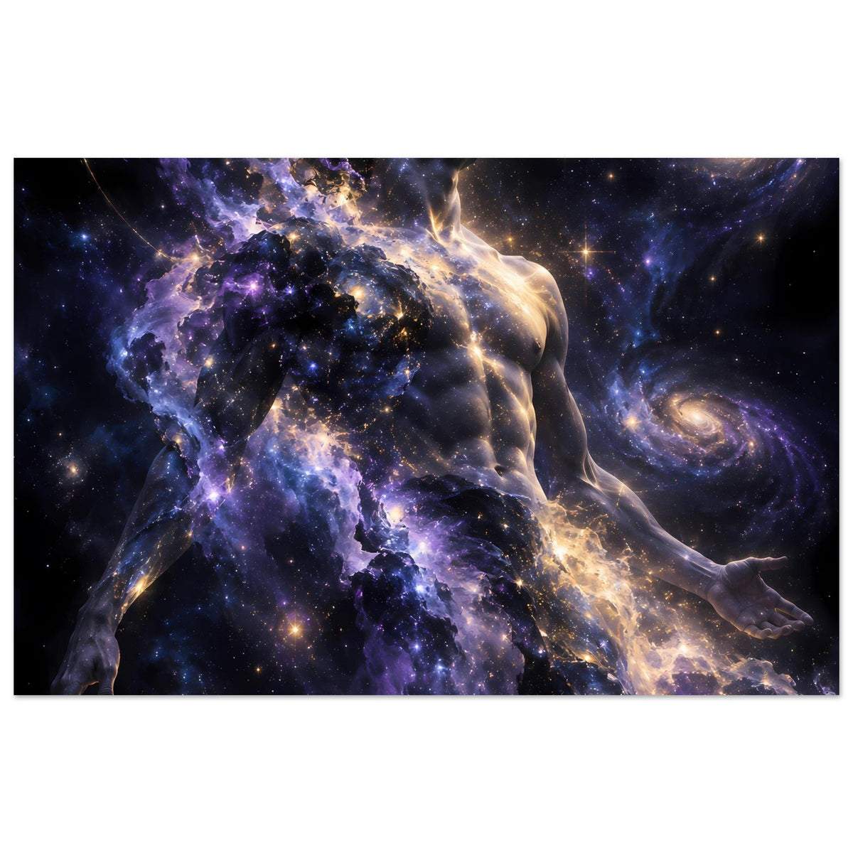 Kosmos-Poster: weibliche Figur in Violett und Gold, umgeben von Sternen und Galaxien